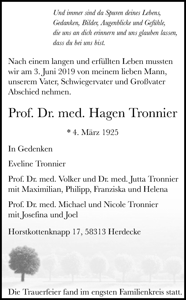  Traueranzeige für Hagen Tronnier vom 15.06.2019 aus Ruhr Nachrichten