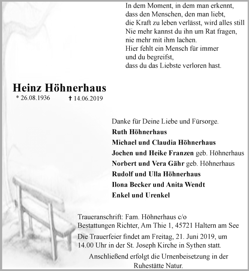  Traueranzeige für Heinz Höhnerhaus vom 18.06.2019 aus Ruhr Nachrichten und Halterner Zeitung
