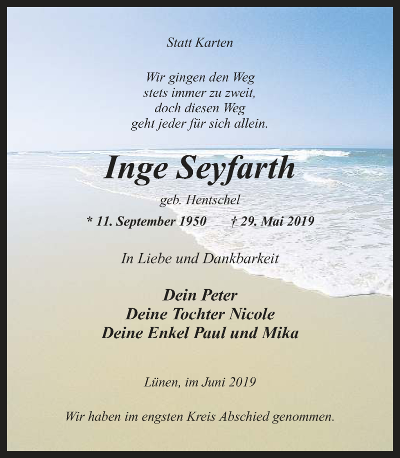  Traueranzeige für Inge Seyfarth vom 08.06.2019 aus Ruhr Nachrichten