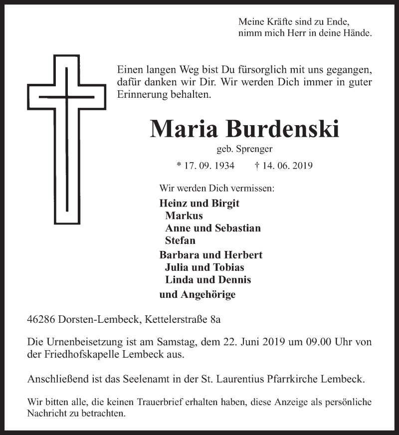  Traueranzeige für Maria Burdenski vom 18.06.2019 aus Ruhr Nachrichten und Dorstener Zeitung