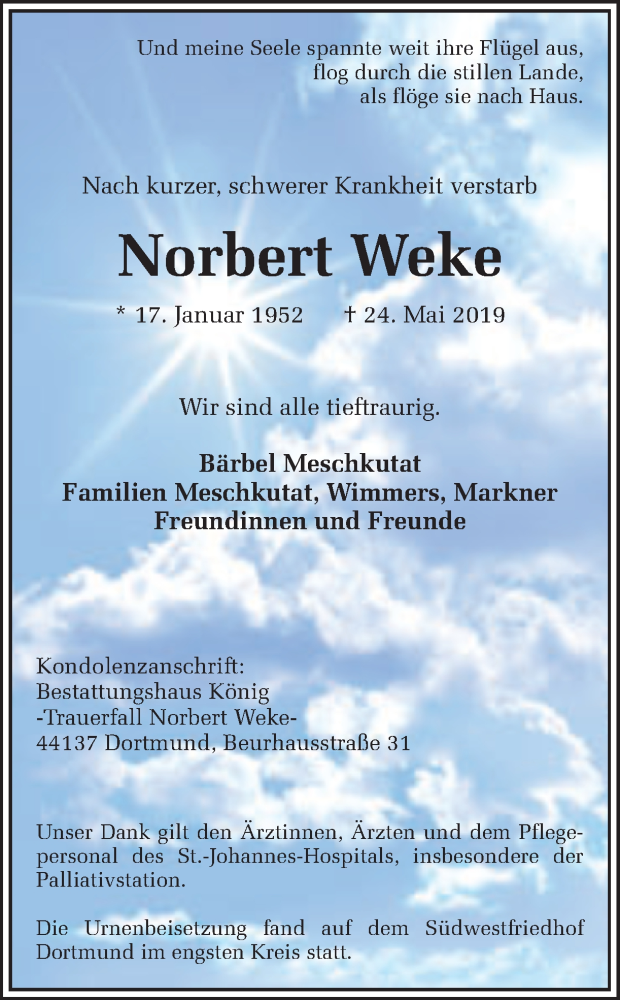  Traueranzeige für Norbert Weke vom 08.06.2019 aus Ruhr Nachrichten