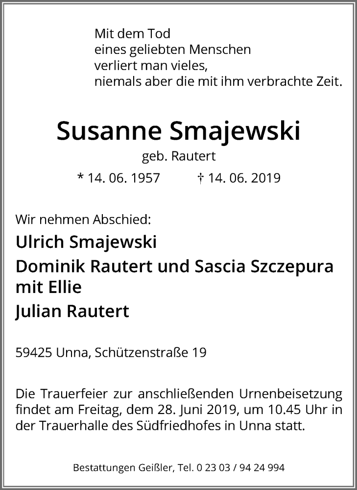  Traueranzeige für Susanne Smajewski vom 20.06.2019 aus Hellweger Anzeiger