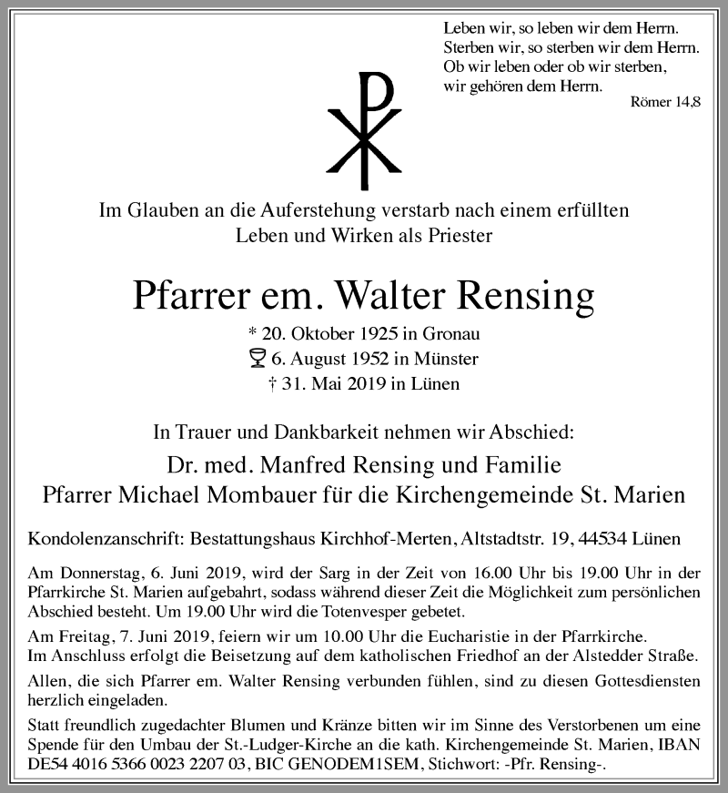  Traueranzeige für Walter Rensing vom 04.06.2019 aus Ruhr Nachrichten
