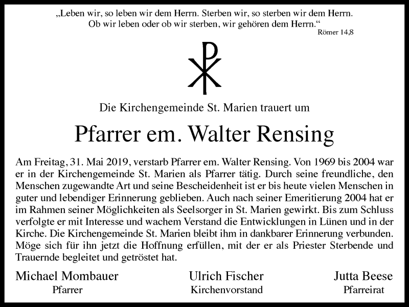  Traueranzeige für Walter Rensing vom 04.06.2019 aus Ruhr Nachrichten