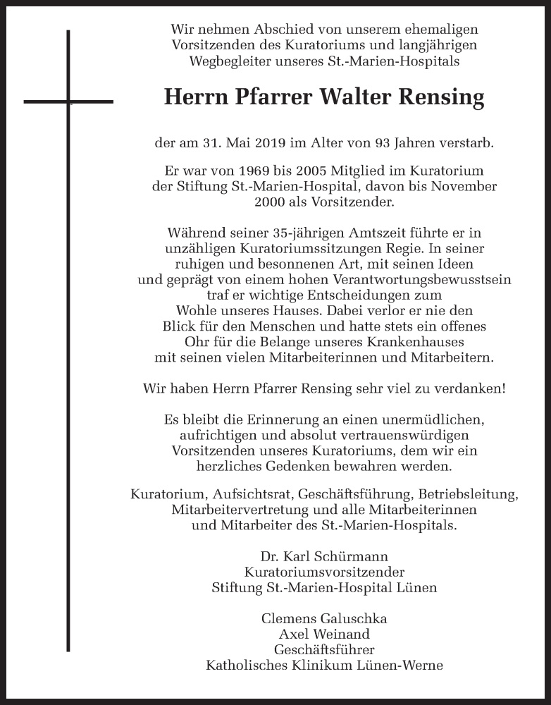  Traueranzeige für Walter Rensing vom 05.06.2019 aus Ruhr Nachrichten